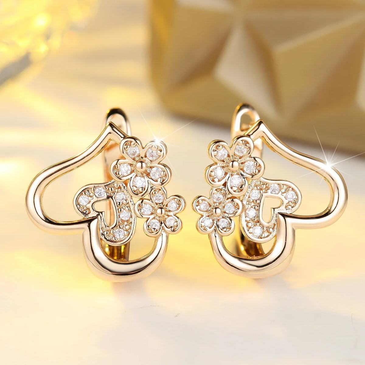 Small Heart Flower White Zircon Stone Fashion Hoop Earrings Charm Cute Female Gold Color Wedding Jewelry For Women