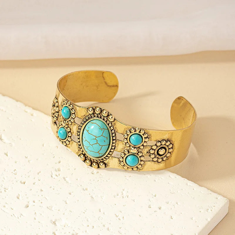 KMVEXO Retro Bohemian Turquoise Beaded Bangles for Women Resin Open Cuff Bracelets Bangle Vintage Gypsy Jewelry Female Gift