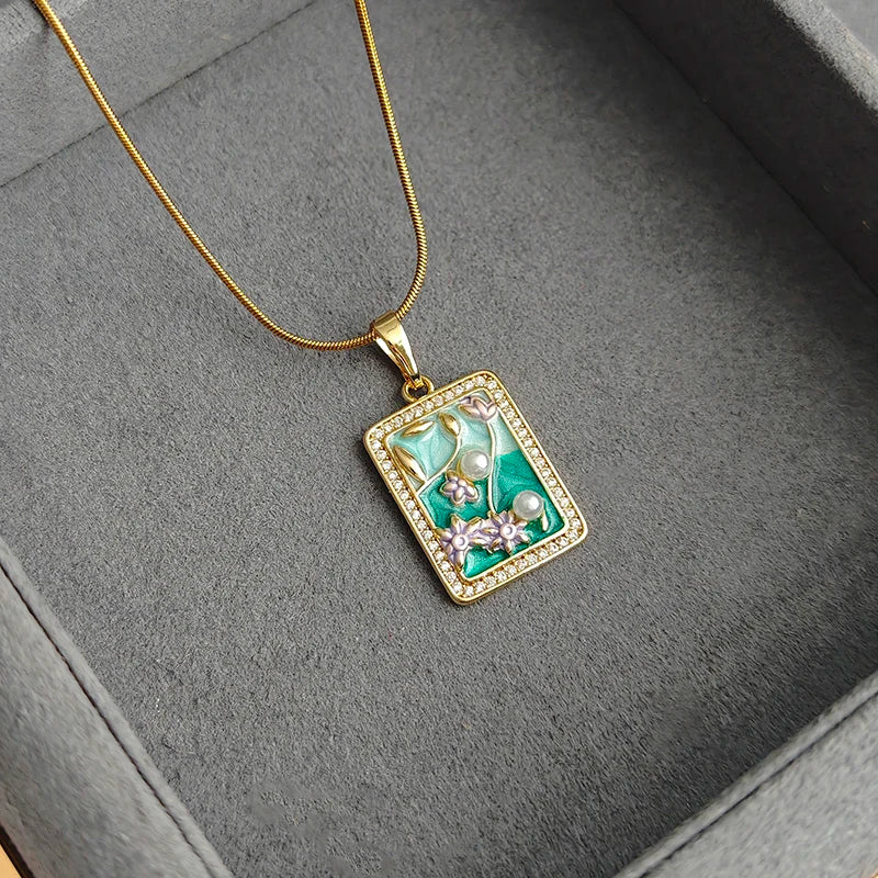 ANENJERY 316L Stainless Steel Oil Painting Flower Necklace For Women Vintage French Fashion Neck Chain Jewelry Gift Wholesale