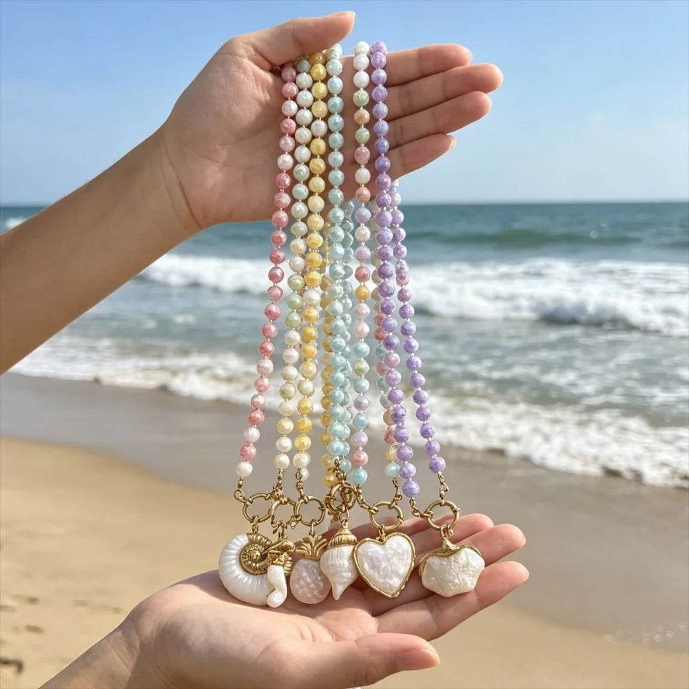 Summer Dopamine Handmade Bead Flower Ball Necklace Ocean Shell Seahorse Heart Pendant Charm Beach Jewelry Gift for Women