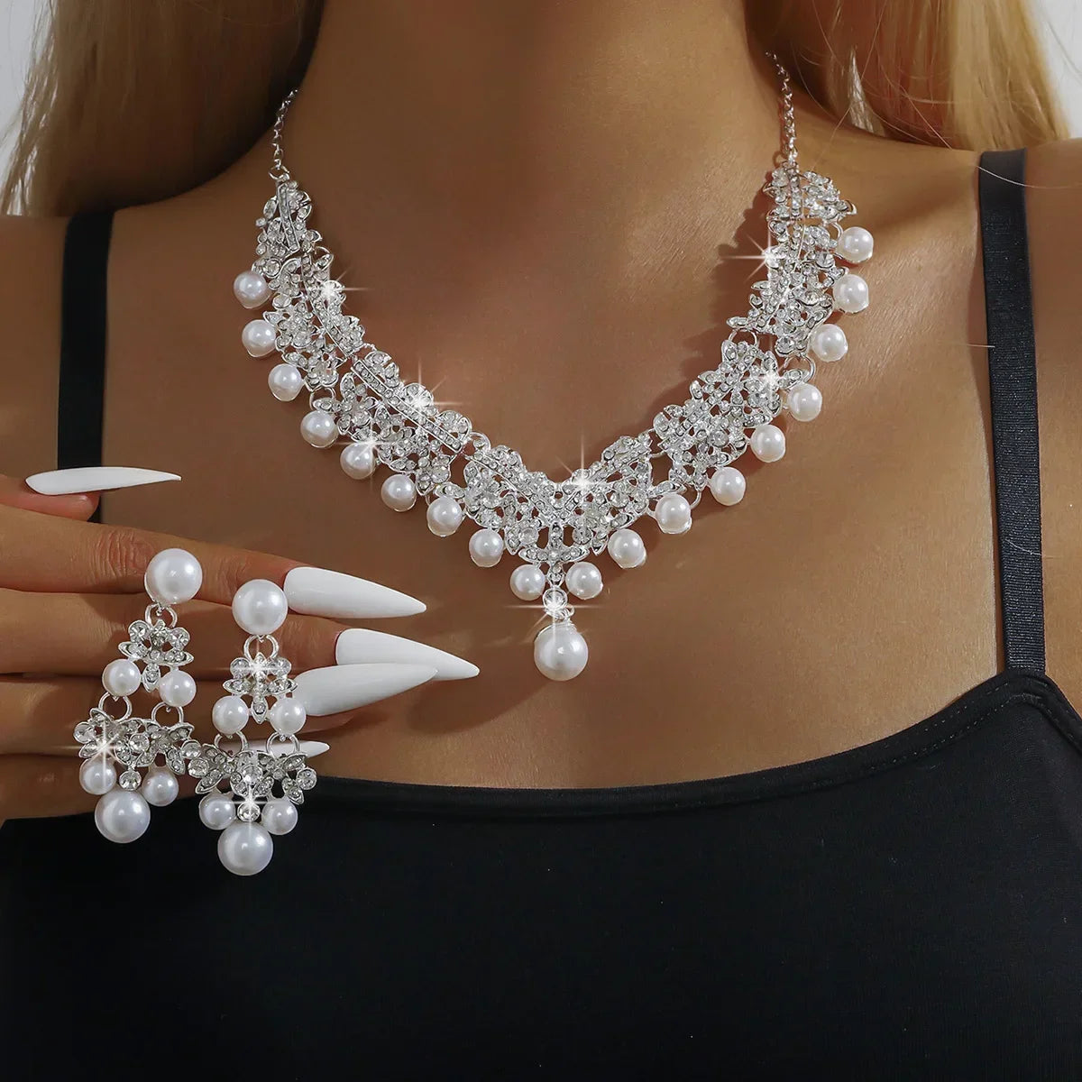FYUAN Luxury Pearl Necklace Earrings For Women Weddings Banquet Jewelry Sets