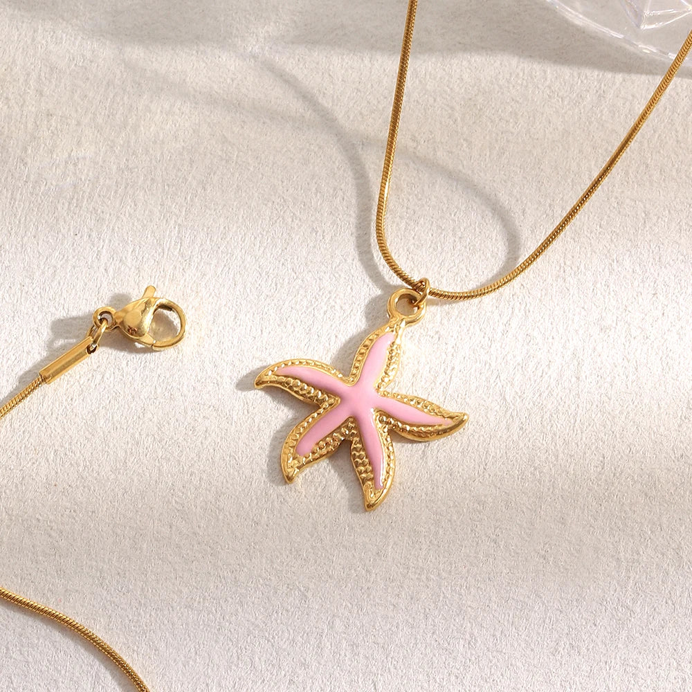 E.B.belle Summer Beach Cute Coloful Starfish Pendant Necklace 18K Gold Plated  316L Stainless Steel Holiday Neck Jewelry