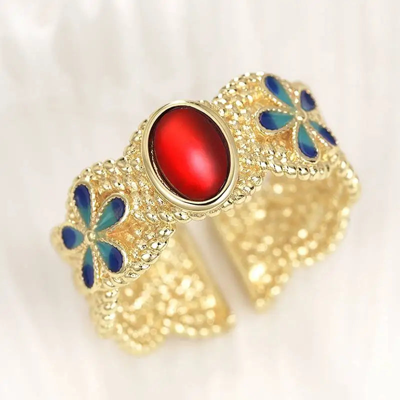 Huitan Elegant Women Opening Ring Gold Color Inlaid Shining Red Oval CZ Delicate Wedding Engagement Trendy Accessories Jewelry