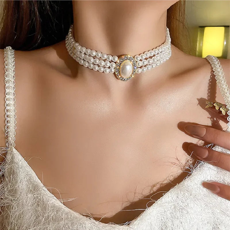 Elegant Multilayer Pearl Choker Necklaces for Women Crystal Flowers Necklaces Weddings Party Jewelry