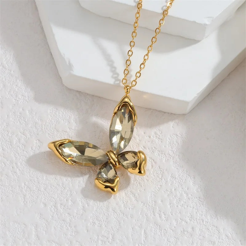 EILIECK Women's Butterfly Zircon Crystals Pendant Necklace Trendy Stainless Steel Waterproof Neck Chain Daily Jewelry Gift