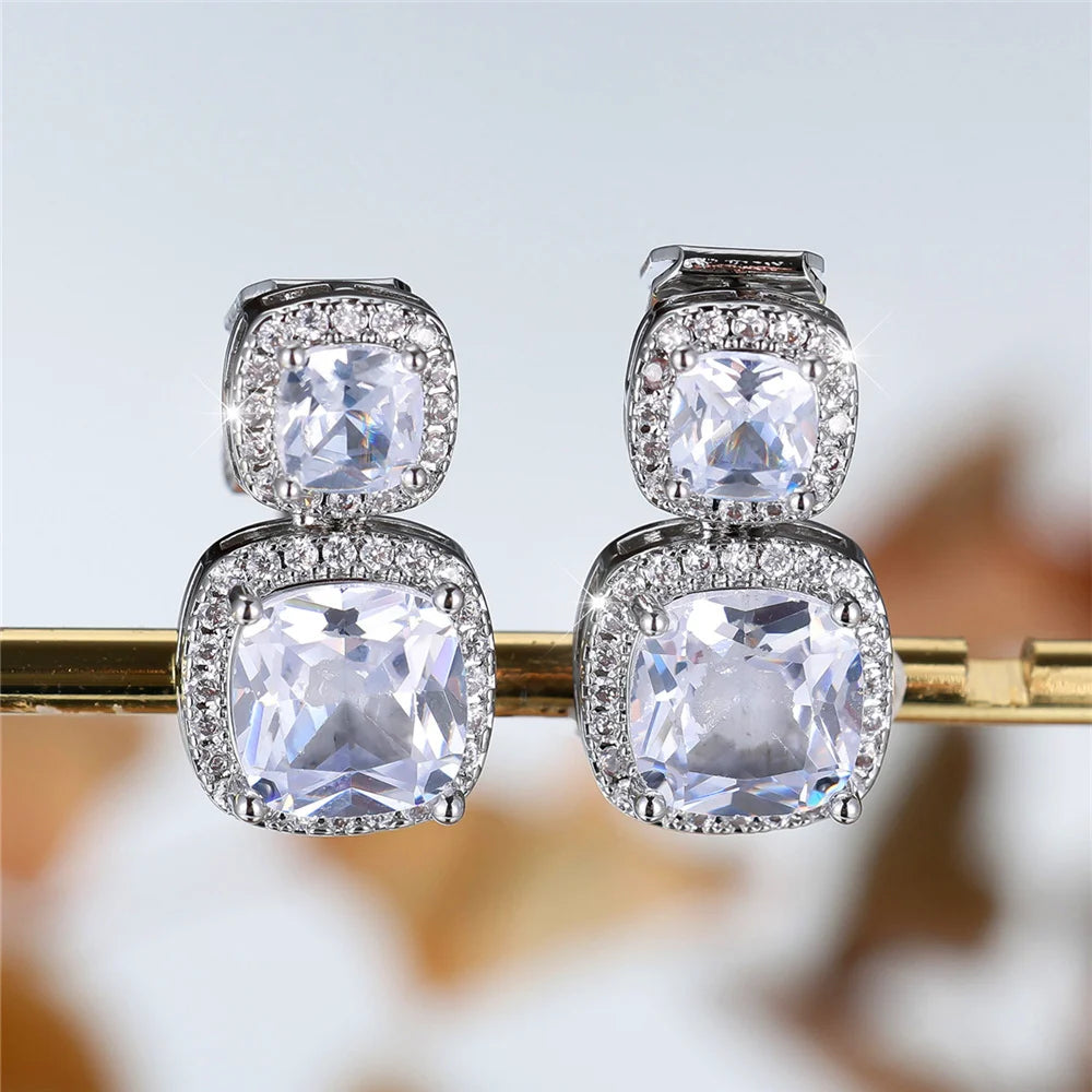 Luxury Big White Zircon Clip Earrings For Women Luxury Crystal Female Silver Color Round Wedding Jewelry