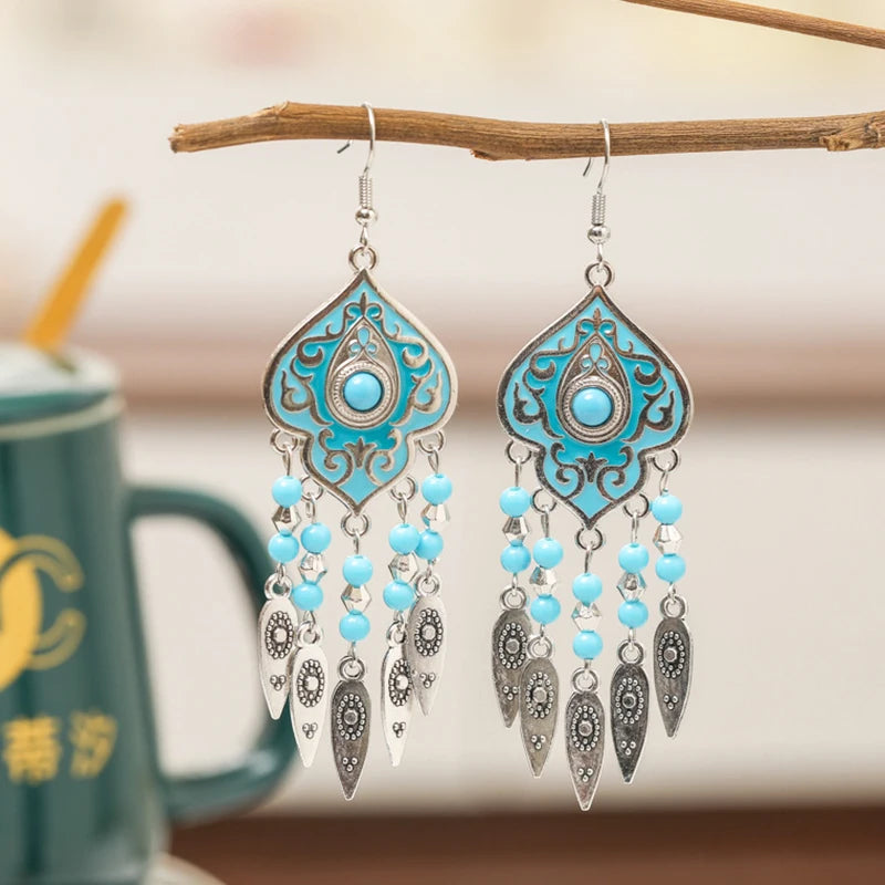 Ethnic Unique Pattern Geometric Charm Earrings for Women Creative Drop Oil Colorful Beads Metal Tassel Hanging Earrings Jewelry
