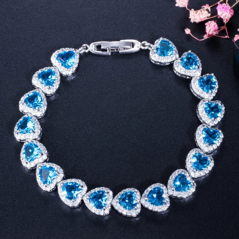 ThreeGraces High Quality Shiny Blue Cubic Zirconia Fashion Love Heart CZ Tennis Bracelet for Women Luxurious Party Jewelry BR361