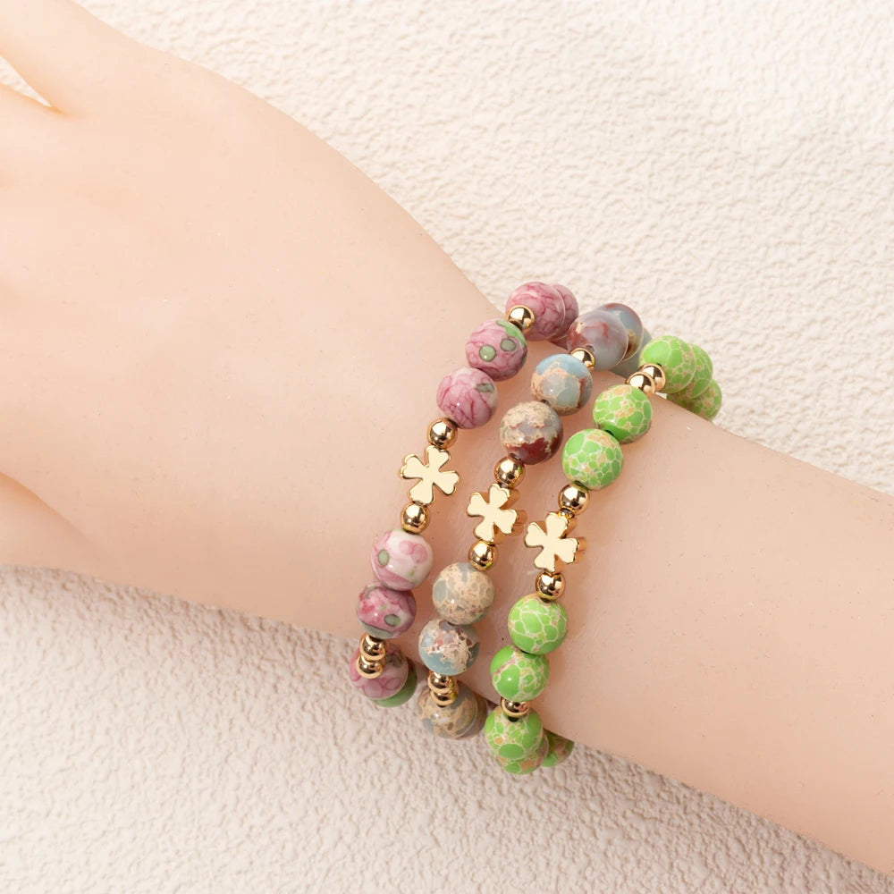 New 8MM Natural Stone Girl Bracelets Colorful Round Beads Alloy Gold Color Cross Women Bangle Fashion Jewelry Accessories 2024