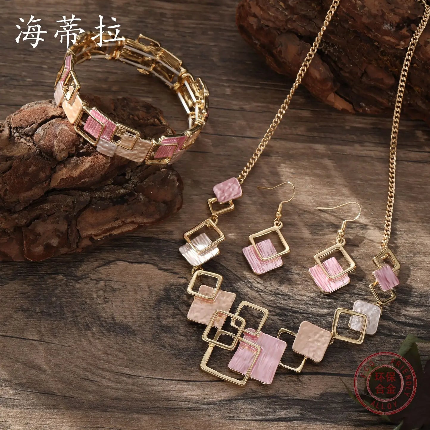 new color painting oil geometric square stud earrings bracelet necklace set, high-end women's jewelry set