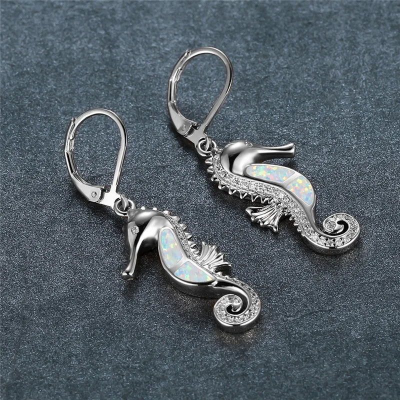 Cute Female Sea Horse Hoop Earring White Blue Opal Stone Animal Jewelry Rose Gold Silver Color Wedding Earrings For Women