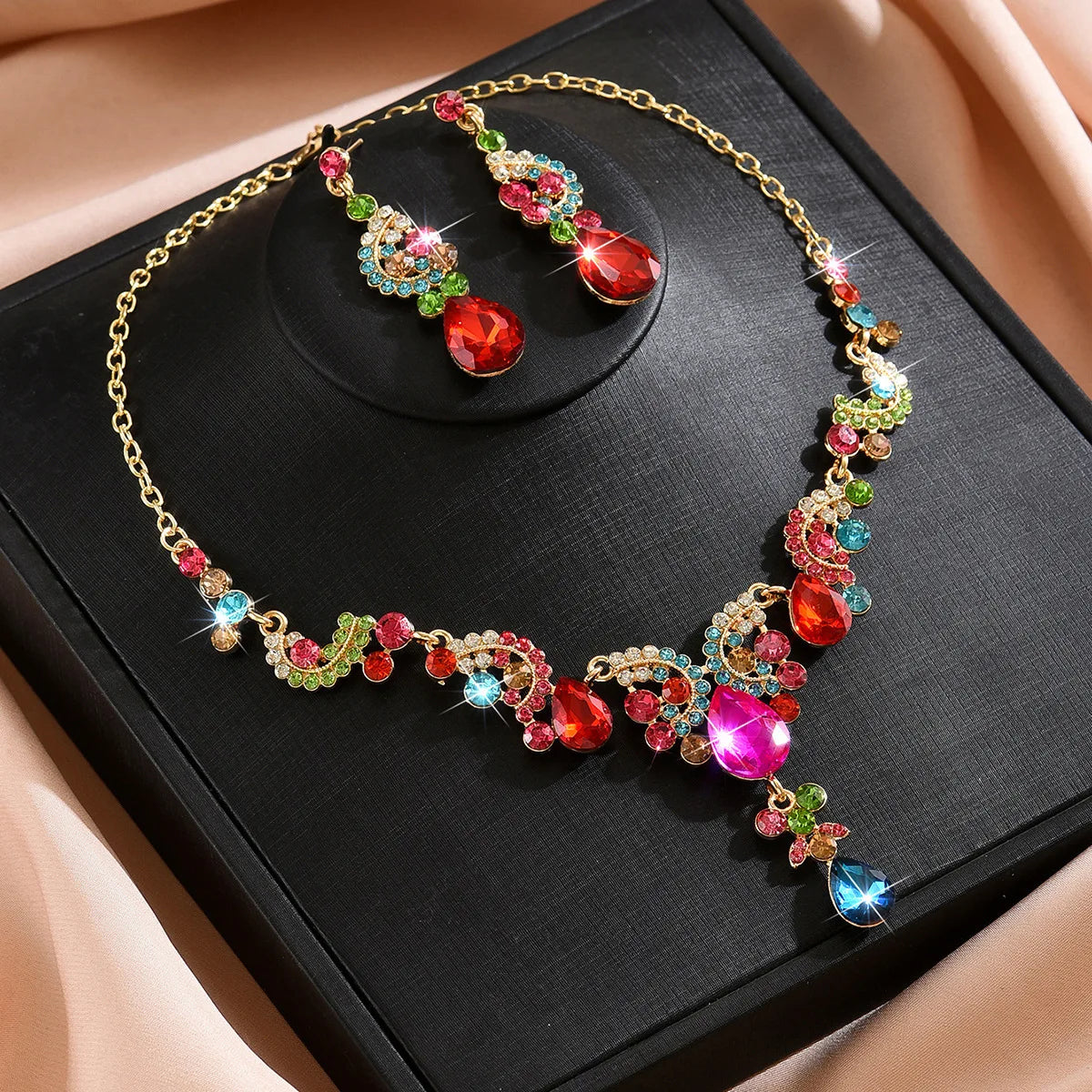 Women's Blue Geen Black Water Drop Earrings Necklace Set, Elegant Jewelry Gift for Women, Perfect for Parties & Daily Wear