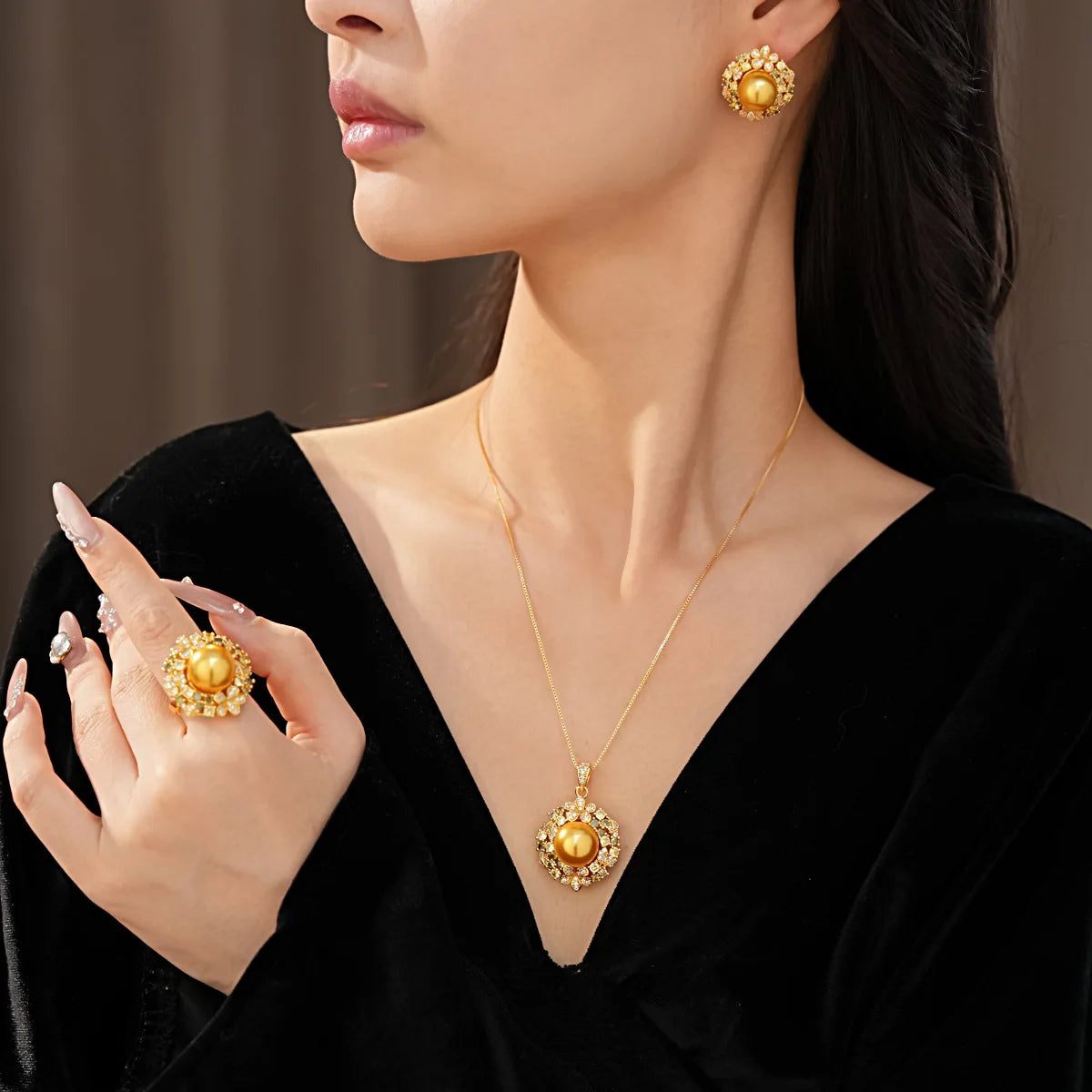 3Pcs/4 Pcs Party Jewelry Set Large Size Pearl Necklace Earrings Rings Ladies Fashion Shiny Zircon Jewelry for Party Banquet K