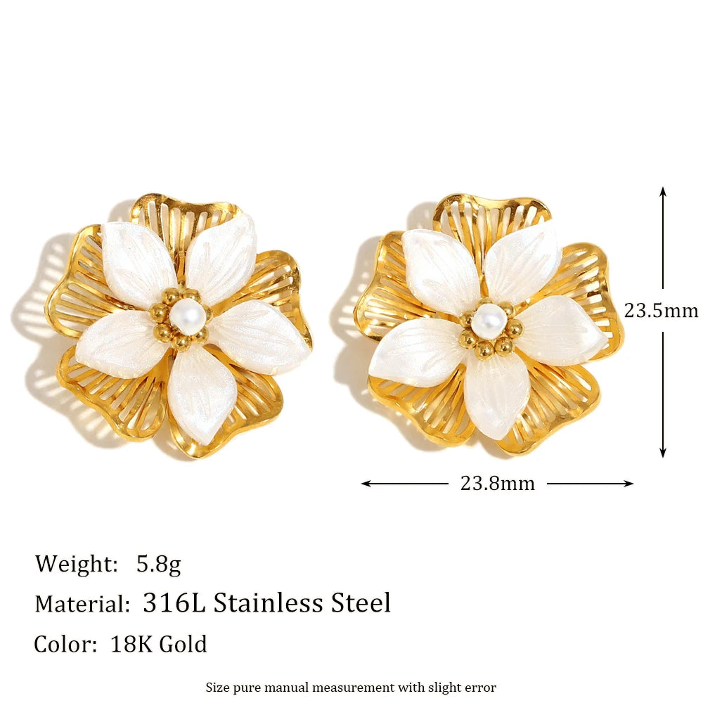 E.B.belle Double Layer Shell Flower Stud Earring PVD Plated Stainless Steel Waterproof Hypoallergenic Women Jewelry Accessories