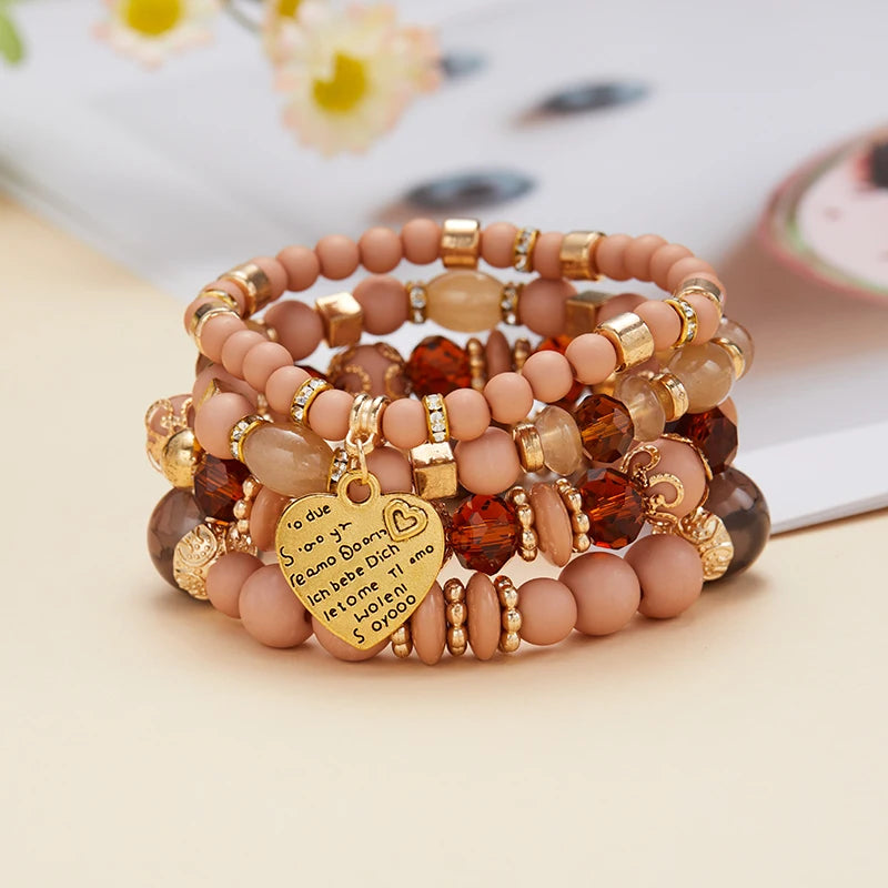 4pcs/set Bohemian Stackable Bead Bracelets for Women Multilayered Bracelet Pendant Charm Stretch Bangles