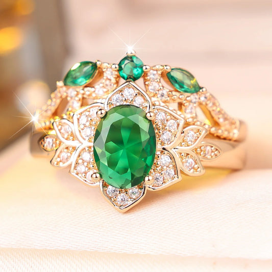 Small Crown Luxury Female Green Zircon Stone Ring Set Fashion Vintage Gold Color Bridal Wedding Engagement Jewelry For Women
