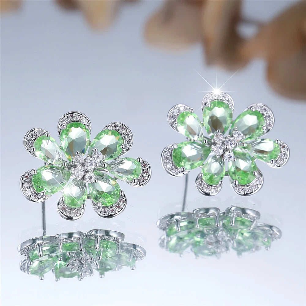 Cute Female Green Zircon Flower Stud Earrings Silver Color Wedding Jewelry For Women