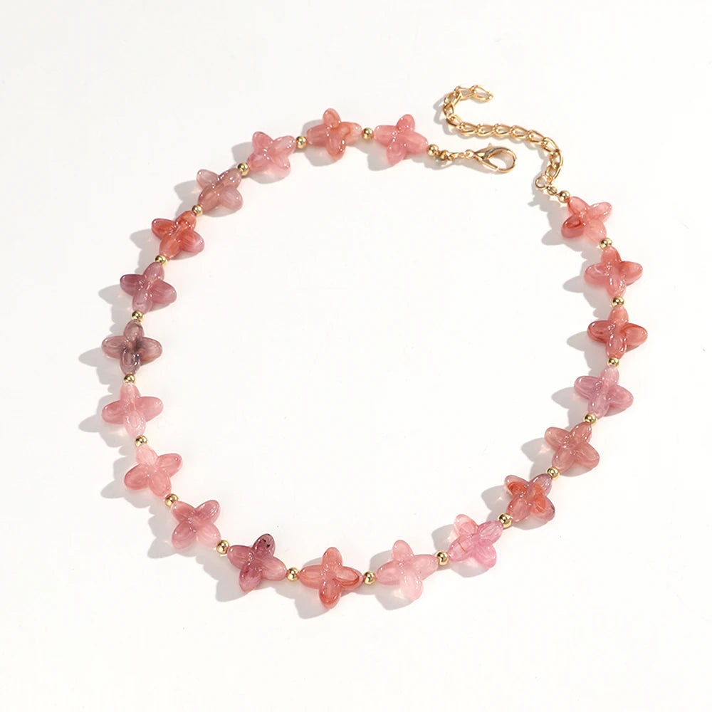 Cute Colorful Geometric Flower Beaded Choker Necklace Sweet Resin Beads Necklaces for Women Spring Summer Jewelry Gifts