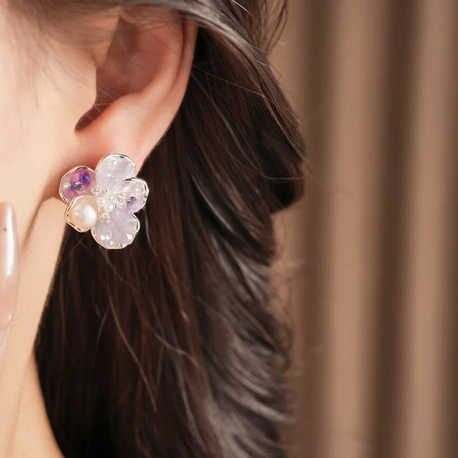 Iridescent Glass Beads Zircon Flower Stud Earrings Pastel Floral Imitation Pearl Earrings for Women Fairy Dating Daily Jewelry N
