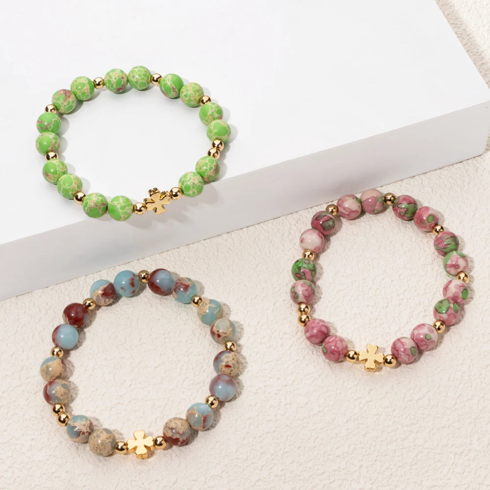 New 8MM Natural Stone Girl Bracelets Colorful Round Beads Alloy Gold Color Cross Women Bangle Fashion Jewelry Accessories 2024