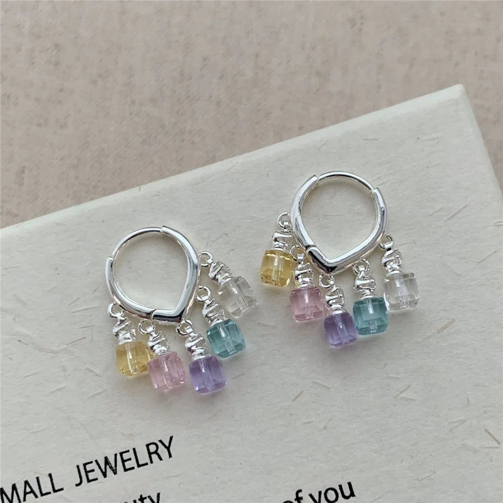 Simple Luxury Charm Female Small Geometric Rainbow Zircon Stone Drop Dangle Earrings Cute Silver Color Party Jewelry For Women