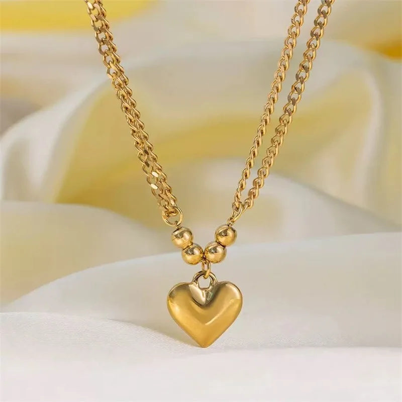 EILIECK 316L Stainless Steel Heart Love Pendant Necklace Statement Golden Glossy Thick Chunky Collar Dangle Neck Chain Jewelry