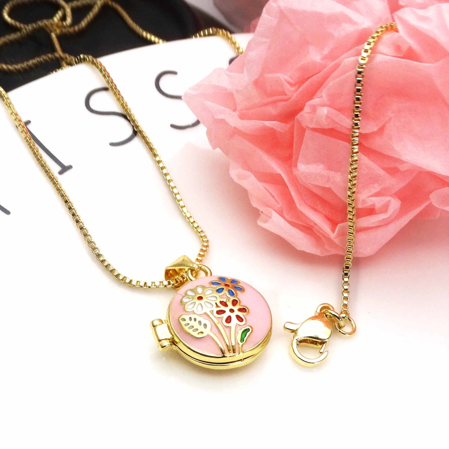 Micro Zircon oil drip photo box Pendant necklace Rose Flower pendant necklace copper chain jewelry necklace