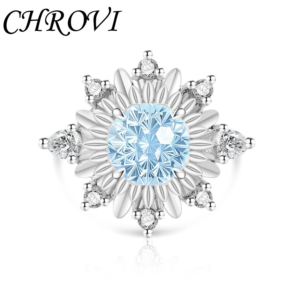Luxurious 925 sterling silver gemstone flower chrysanthemum ring for women - ultra-shiny sunflower style finger ring