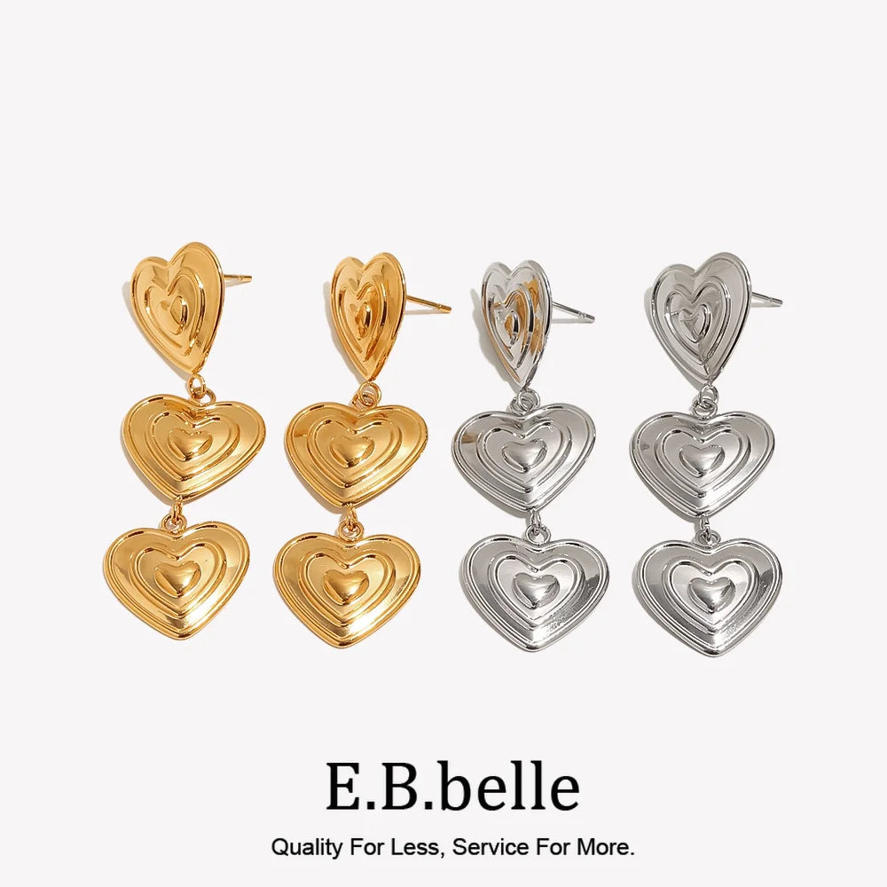 E.B.belle Modern Triple Heart Stud Earrings For Women 18K Gold Plated Waterproof Stainless Steel Earrings Fashion Ladies Jewelry