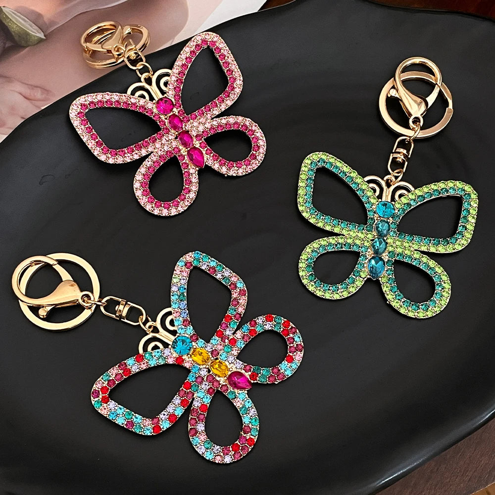 Large Crystal Mixed Color Butterfly Keychain Hollowed-out Design Women's Luxury Bag Pendant Souvenir Gift
