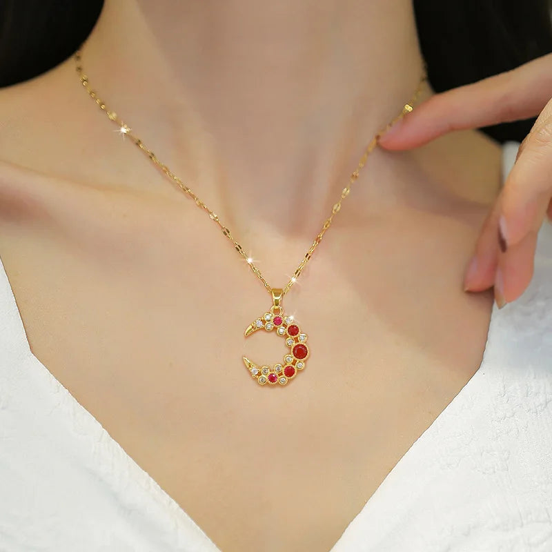 316L Stainless Steel Bending Moon Pendant Necklace For Women Girl New Trend Gold Color Crystal Neck Chain Jewelry Gift