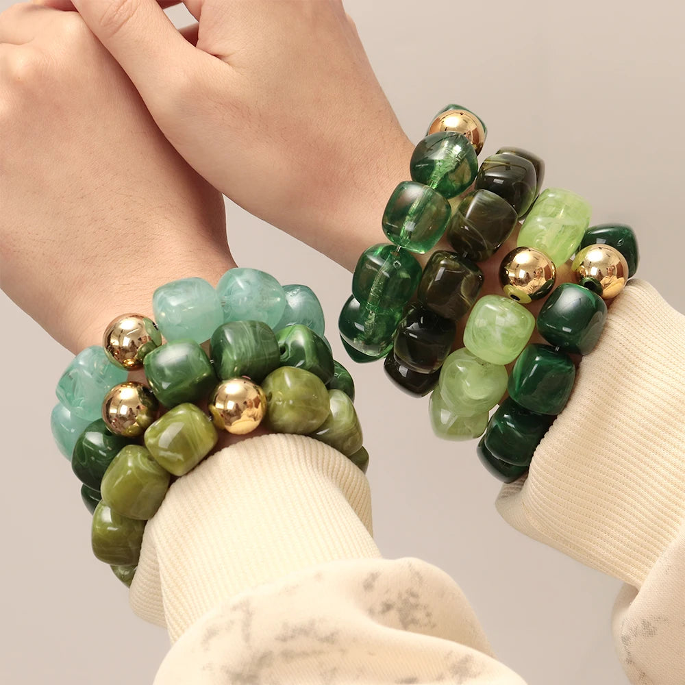 Acrylic Multicolor Irregular Beads Stretchy Bracelets Bangles for Women Resin Marbled Beaded Geometric Elastic Bracelet Jewelry