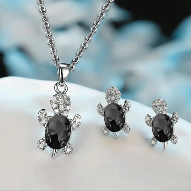 Multicolor Rhinestones Turtle Necklace Earrings sets for Women 14k Platinum Plated 3 Pcs Jewelry Set Female Party Wedding Gifts