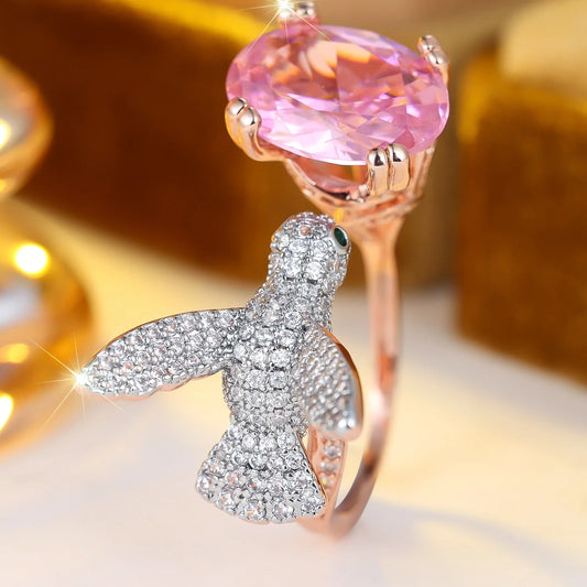 Small Bird Animal Charm Female Pink Oval Zircon Adjustable Open Finger Ring Vintage Rose Gold Color Wedding Jewelry For Women