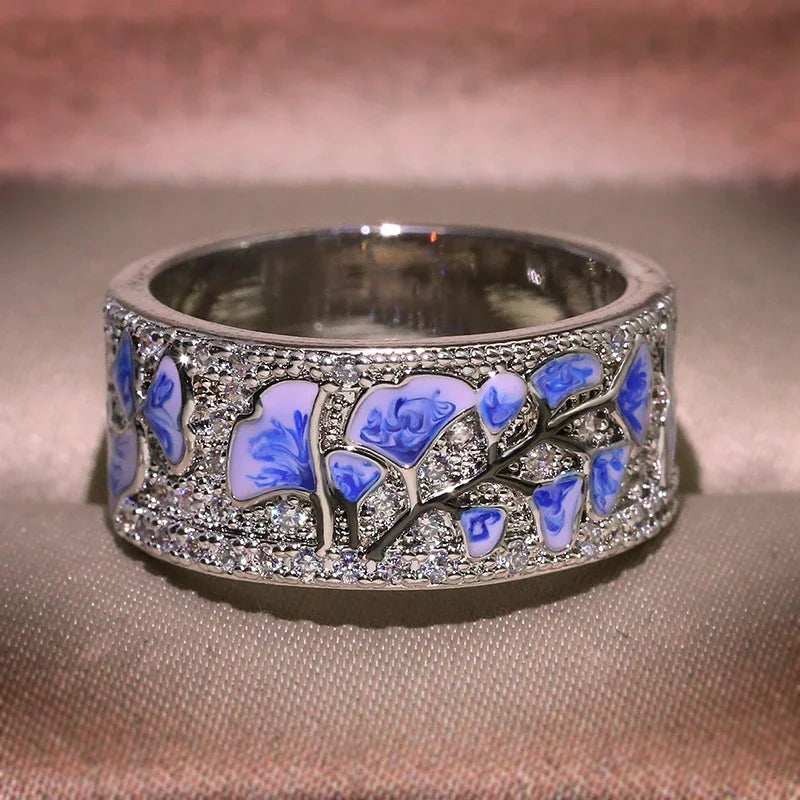Female Silver Flower Ring for Woman Blue Flower Ring Sterling Silver Color Party Fashion Promise Wedding Jewelry HANDMADE Enamel