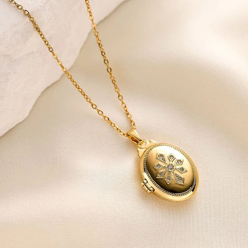ANENJERY 316L Stainless Steel Openable Oval Heart Photo Frame Zircon Necklace For Women Delicate Vintage Jewelry Gifts Wholesale