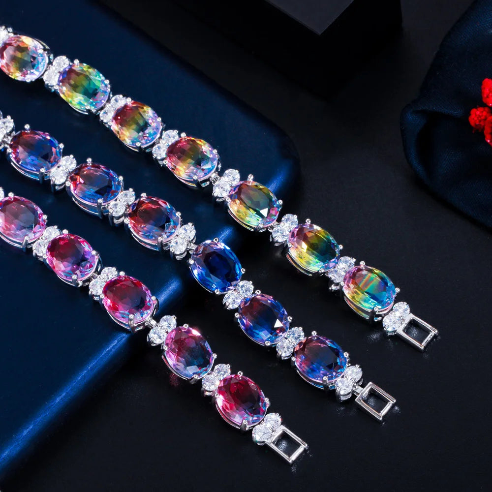 ThreeGraces Mystical Rainbow Cubic Zirconia Stones Silver Color Fashion Bridal Party Link Chain Bracelet for Women Jewelry BR380