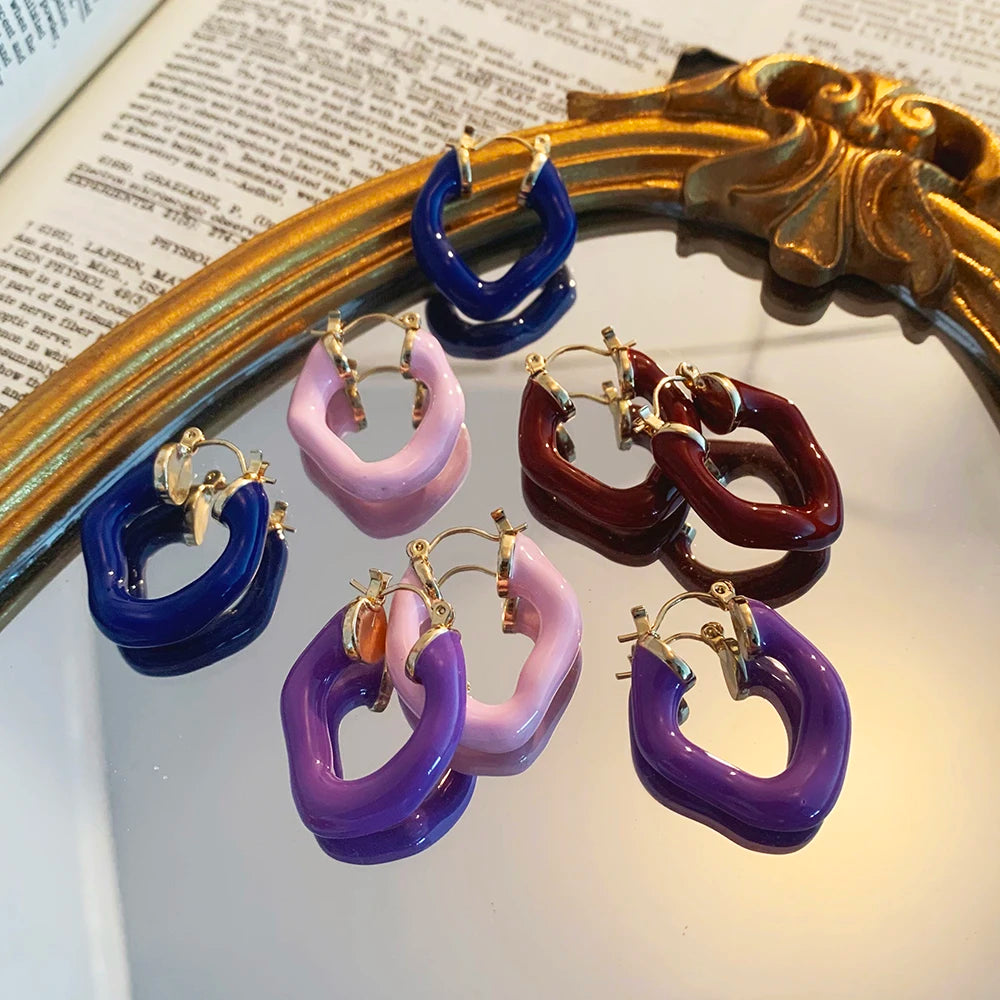 New Trendy Colorful Irregular Geometric Thick Hoop Earrings for Women Enamel Color Circle Hoops Ear Buckle Jewelry Gift