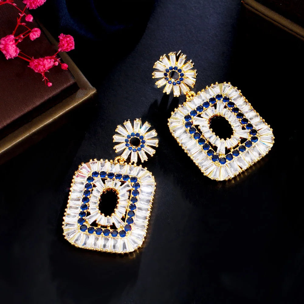 ThreeGraces Luxurious Shining Baguette Cubic Zirconia Long Big Dangle Drop Earrings for Women New Trendy Party Jewelry E1035