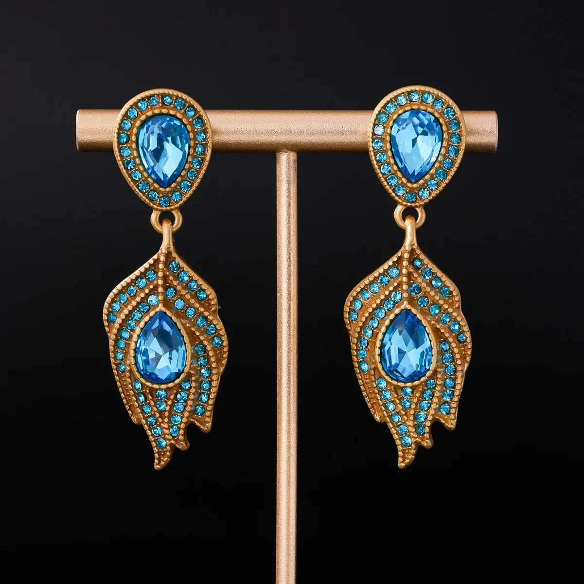 Blue Rhinestones Earrings for Women Exquisite Light Luxury Fashion Jewelry Feather-shaped Vintage Palace Style Aretes De Mujer