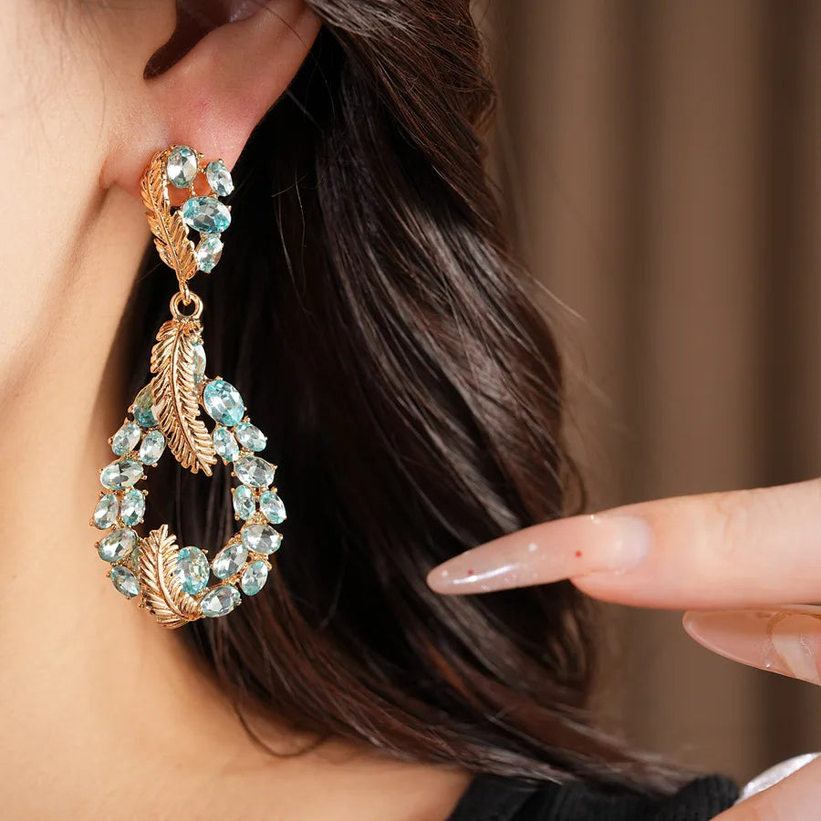 Vintage Rhinestone Inlaid Feather Drop Earrings Retro Style Light Luxury High Grade Elegant Exquisite Stud Ear Jewelry For Women