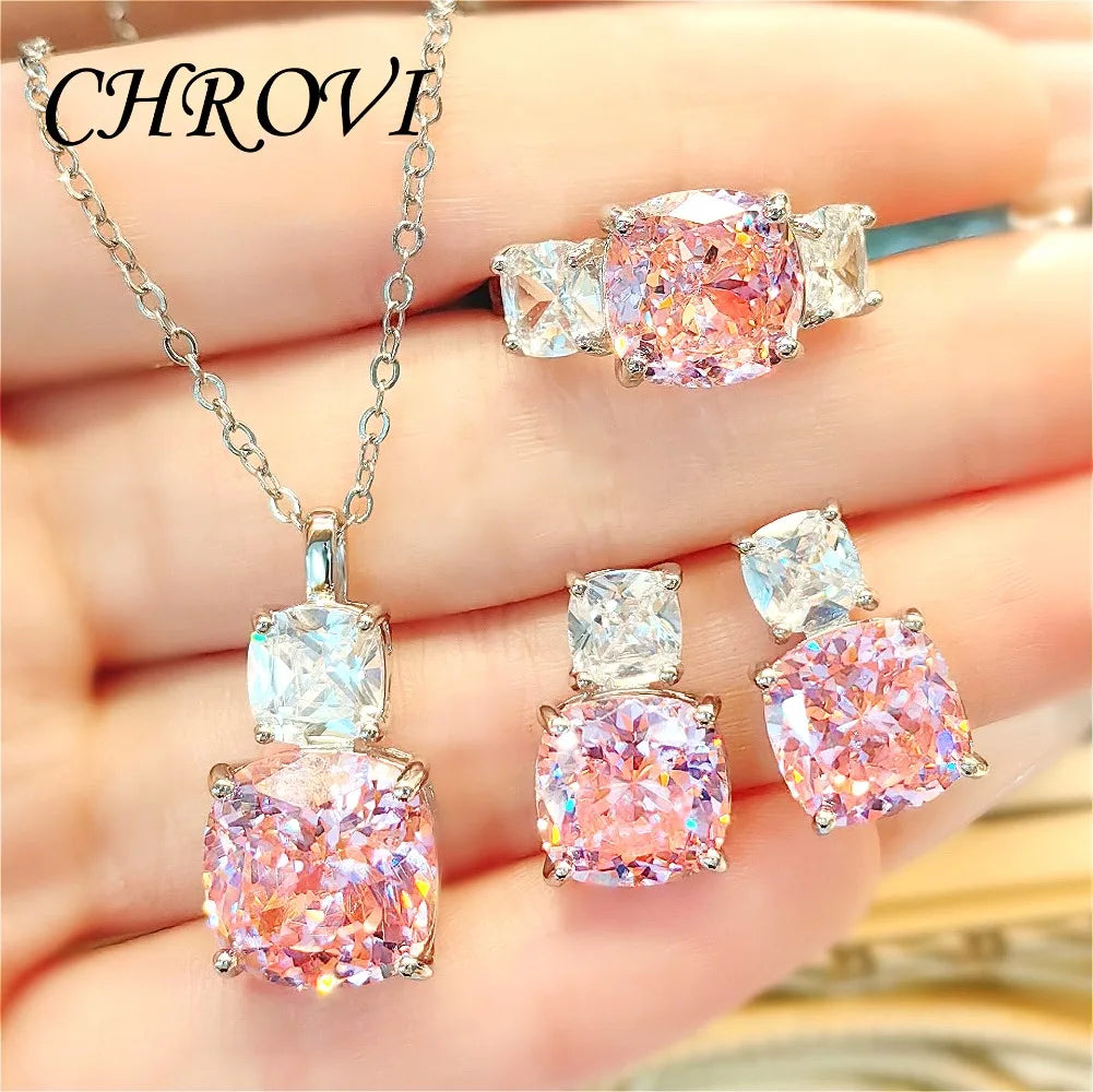 Fashion 925 Sterling Silver Pink Diamond Necklace with Purple Pendant, Stud Earrings, Ring, and Coloured Gemstone Set for Women