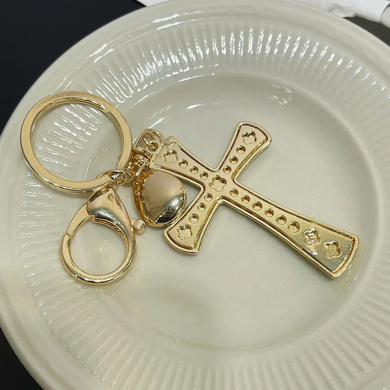 Women Trendy Cross Key Ring European Style Full Crystals Cross Shaped Car Keychain Fashionable Bag Accessory Gift