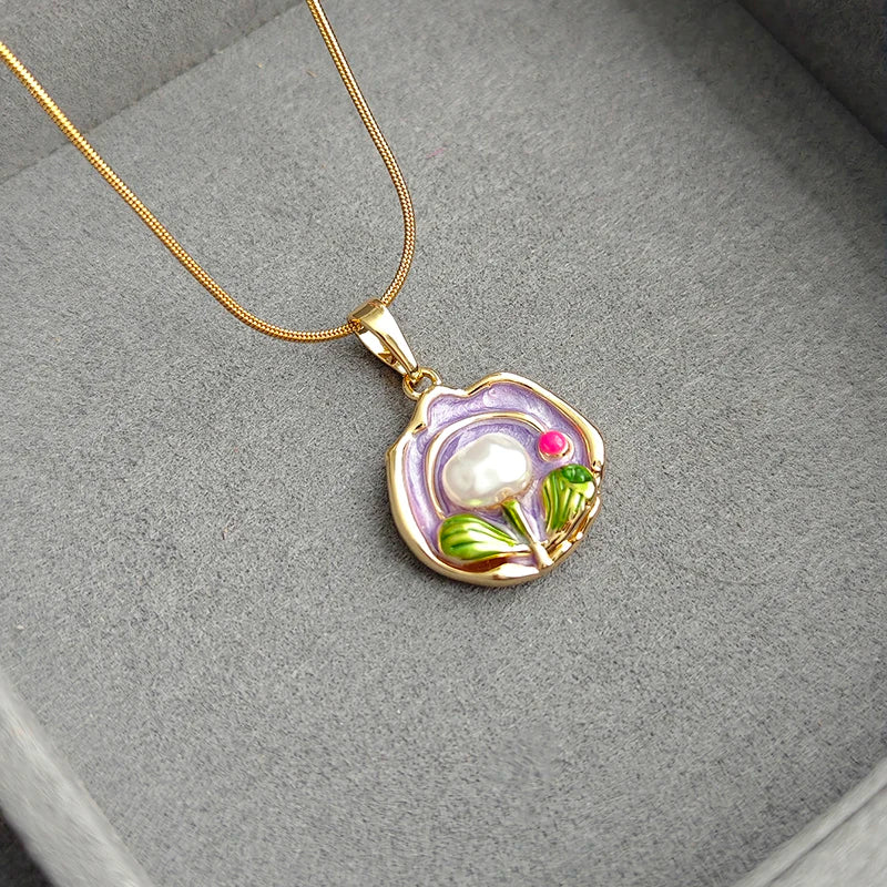 ANENJERY 316L Stainless Steel Colorful Enamel Flower Necklace For Women Temperament Elegant Jewelry Gifts Wholesale Party
