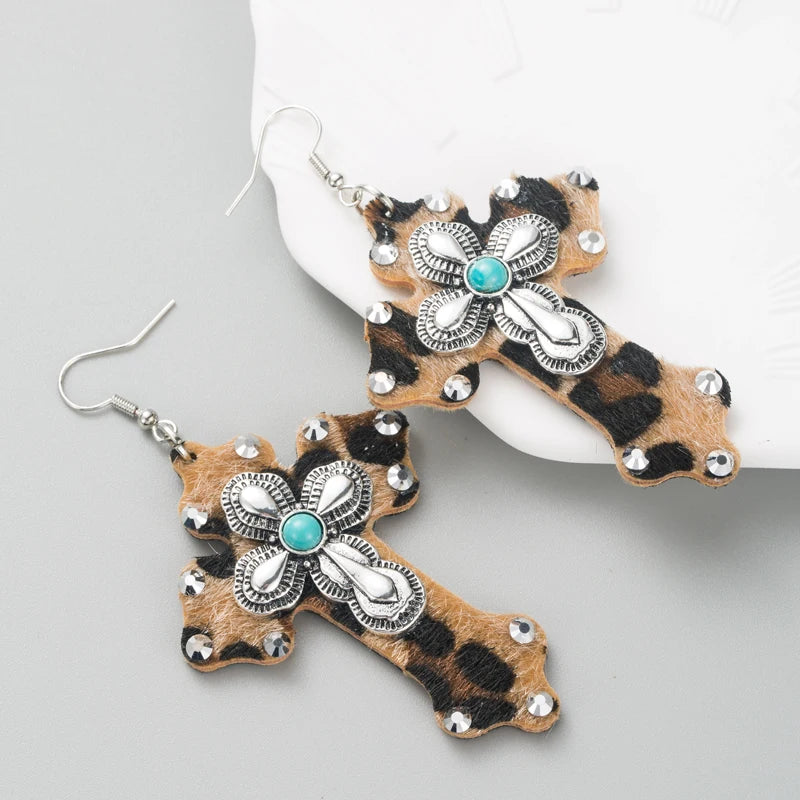Hot Selling Earrings, European and American Trends, Leopard Print Leather Cross eEarrings, Alloy Set With Turquoise Earrings