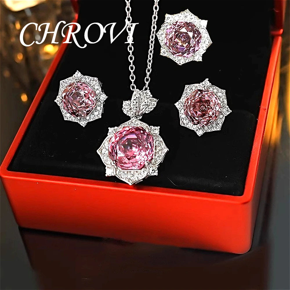 Luxury-Style 925 Sterling Silver Rose Diamond Flower Necklace Pendant Earring Ring Women's Set