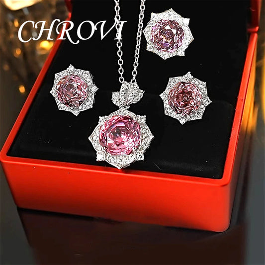 Luxury-Style 925 Sterling Silver Rose Diamond Flower Necklace Pendant Earring Ring Women's Set