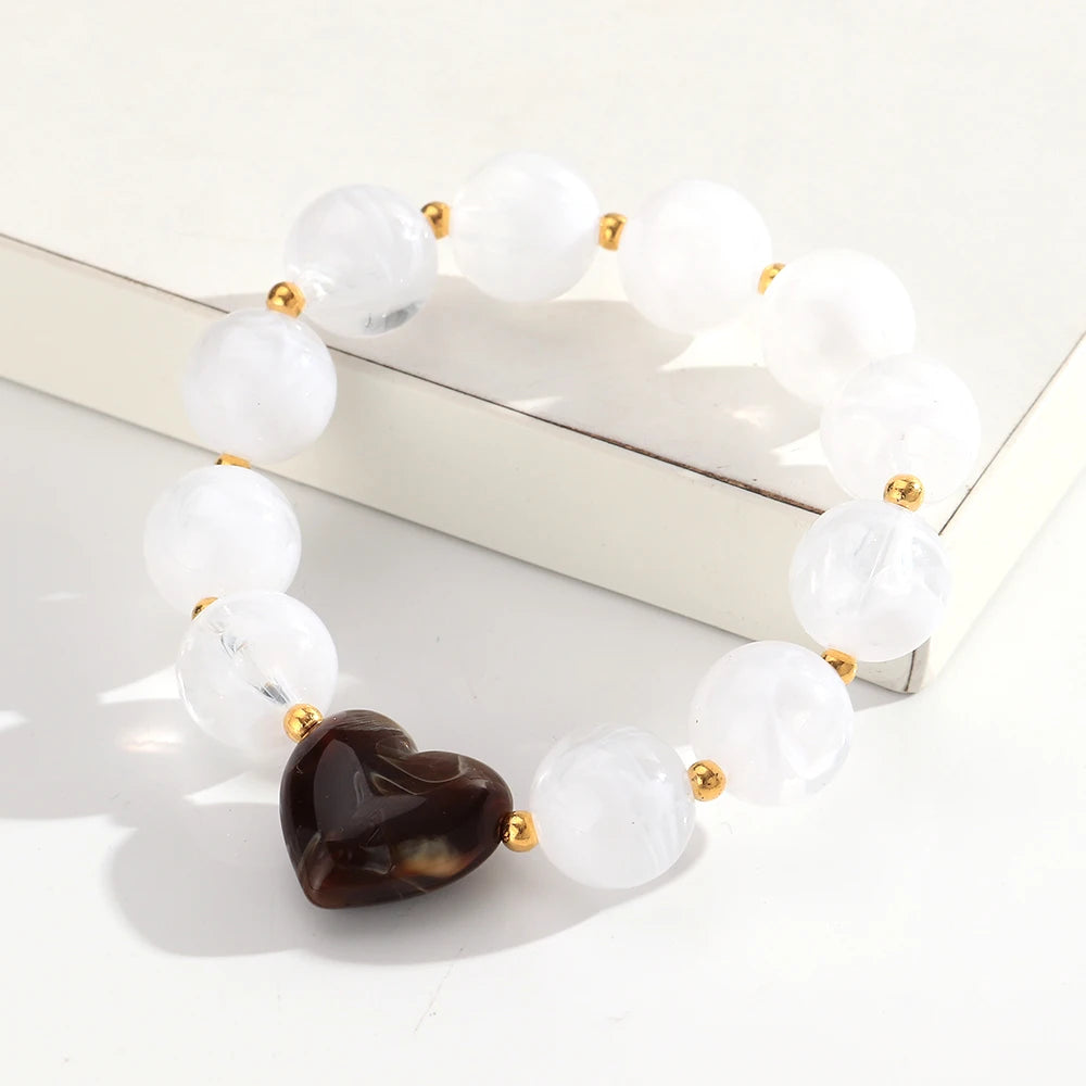 Trendy Acrylic Round Heart Beads Elastic Bangle Bracelets Resin Colorful Geometric Beaded Stretch Bracelet Women Charm Jewelry