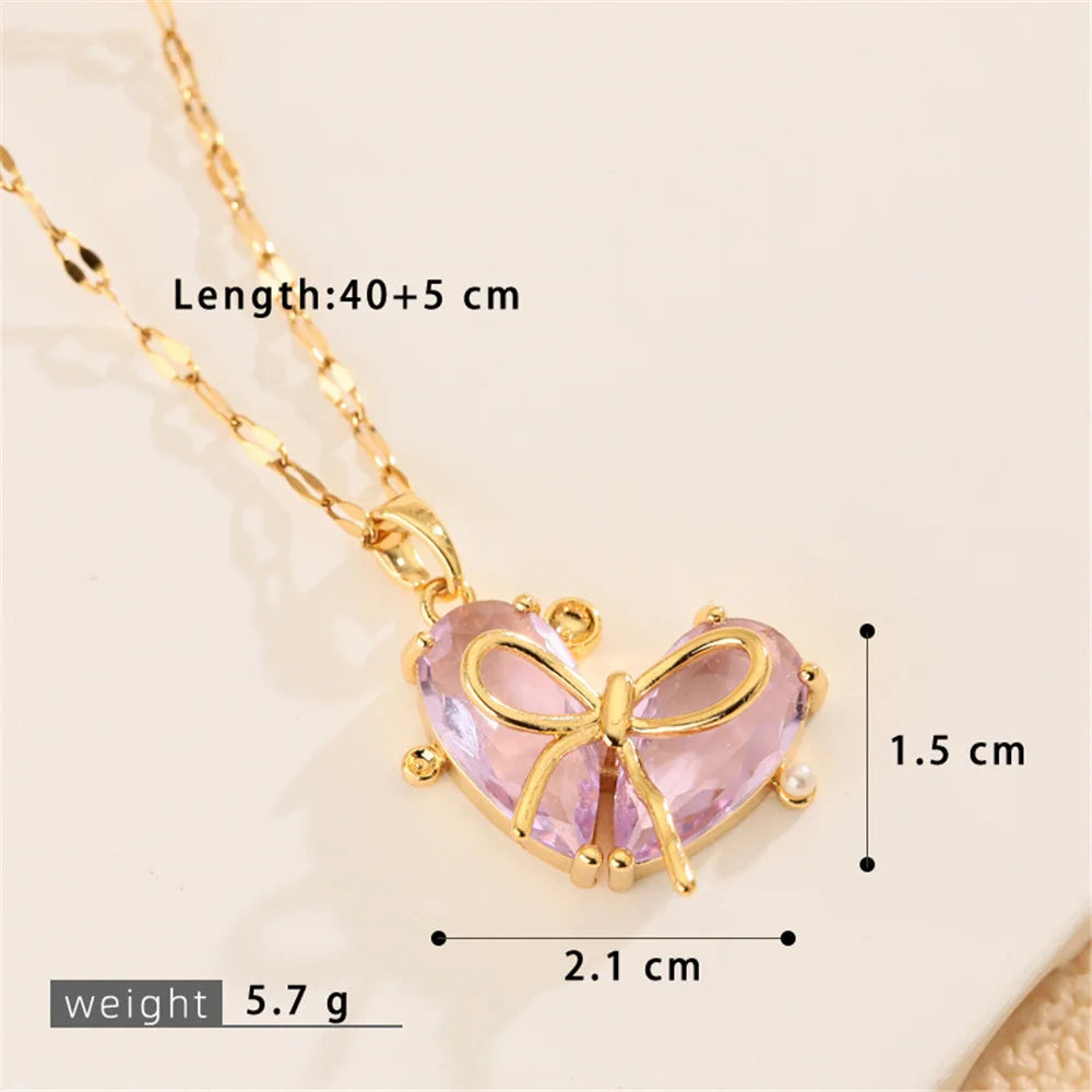 Cute Small Heart Love Bow Charm Female Pink Purple Zircon Fashion Pendant Necklace Gold Color Wedding Jewelry For Luxury Women