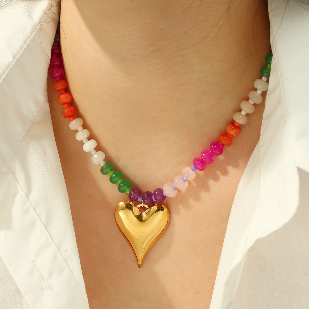 Badu Rainbow Gemstone Stainless Steel Flower Heart Shape Pendant Necklace for Women Boho Vacation Party Jewelry Gift Waterproof